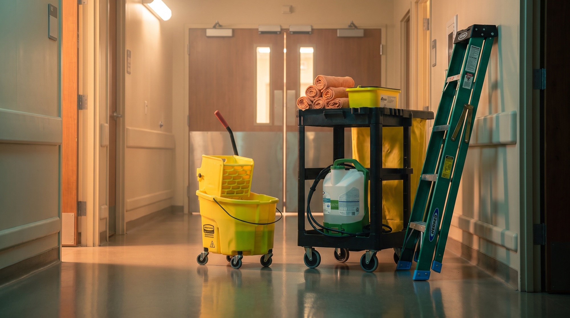 Vector's cart, mop bucket, ladder, and chemistry staged outside operating room doors