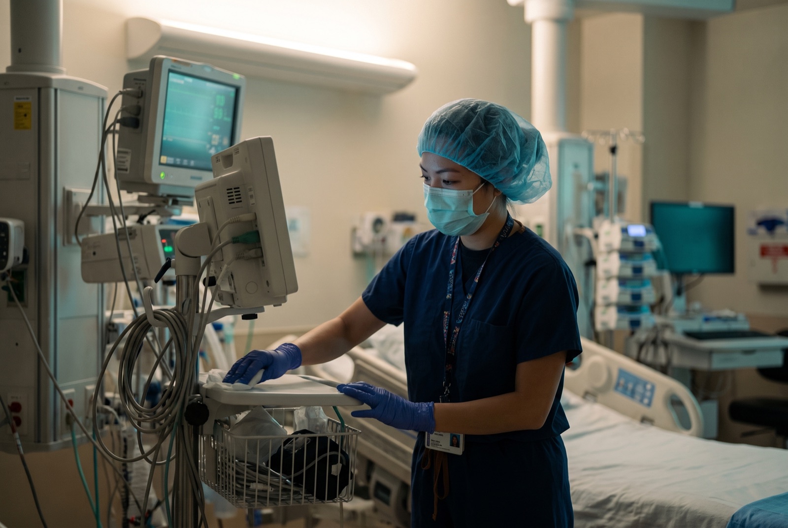 Vector technician disinfecting ICU monitor equipment