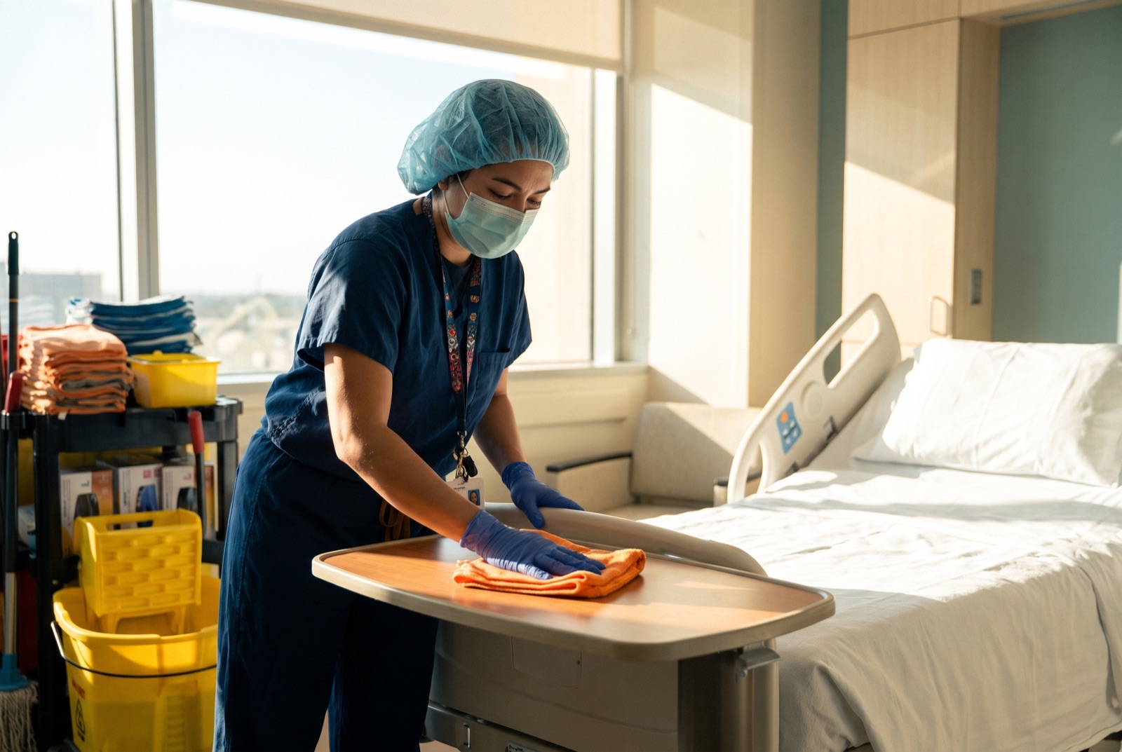 Vector technician wiping the over-bed table in a patient room