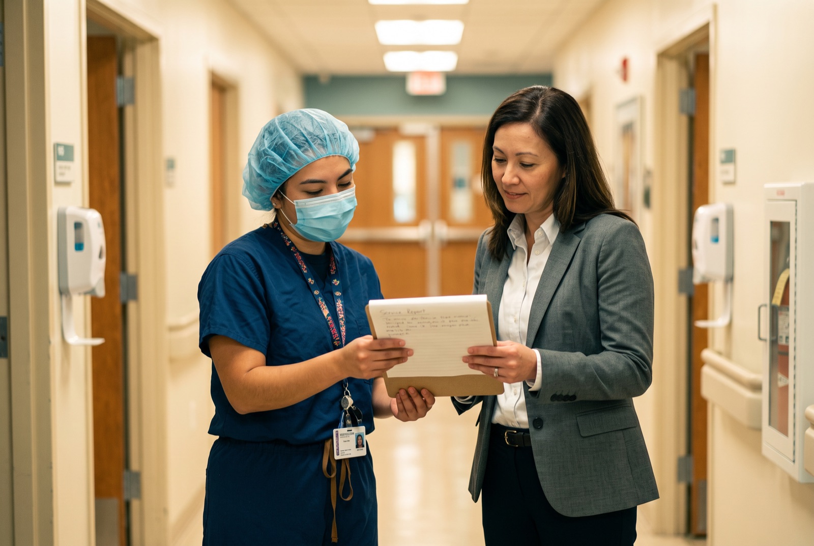 Vector technician handing a service report to a facility manager