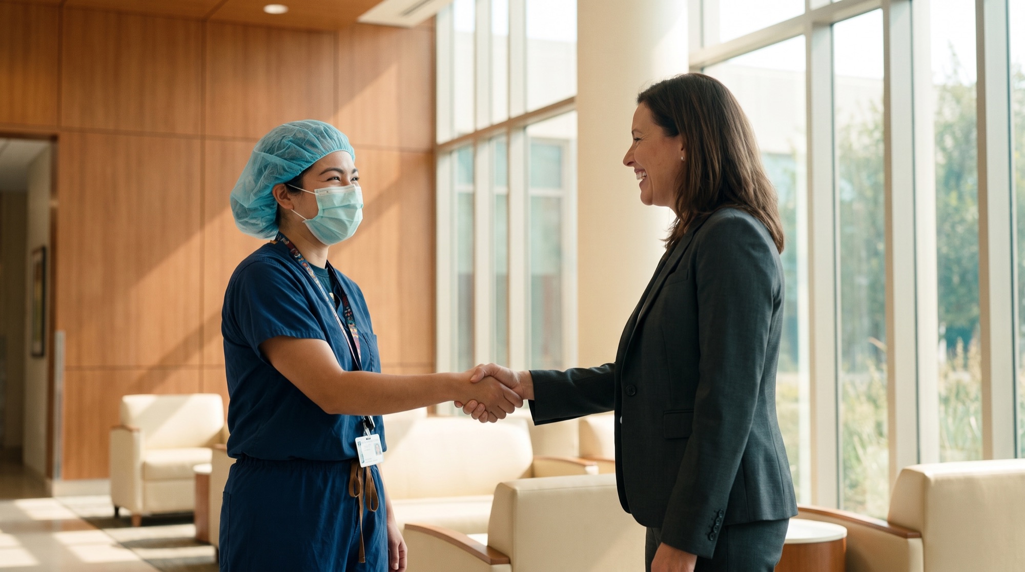 Vector technician shaking hands with a hospital administrator