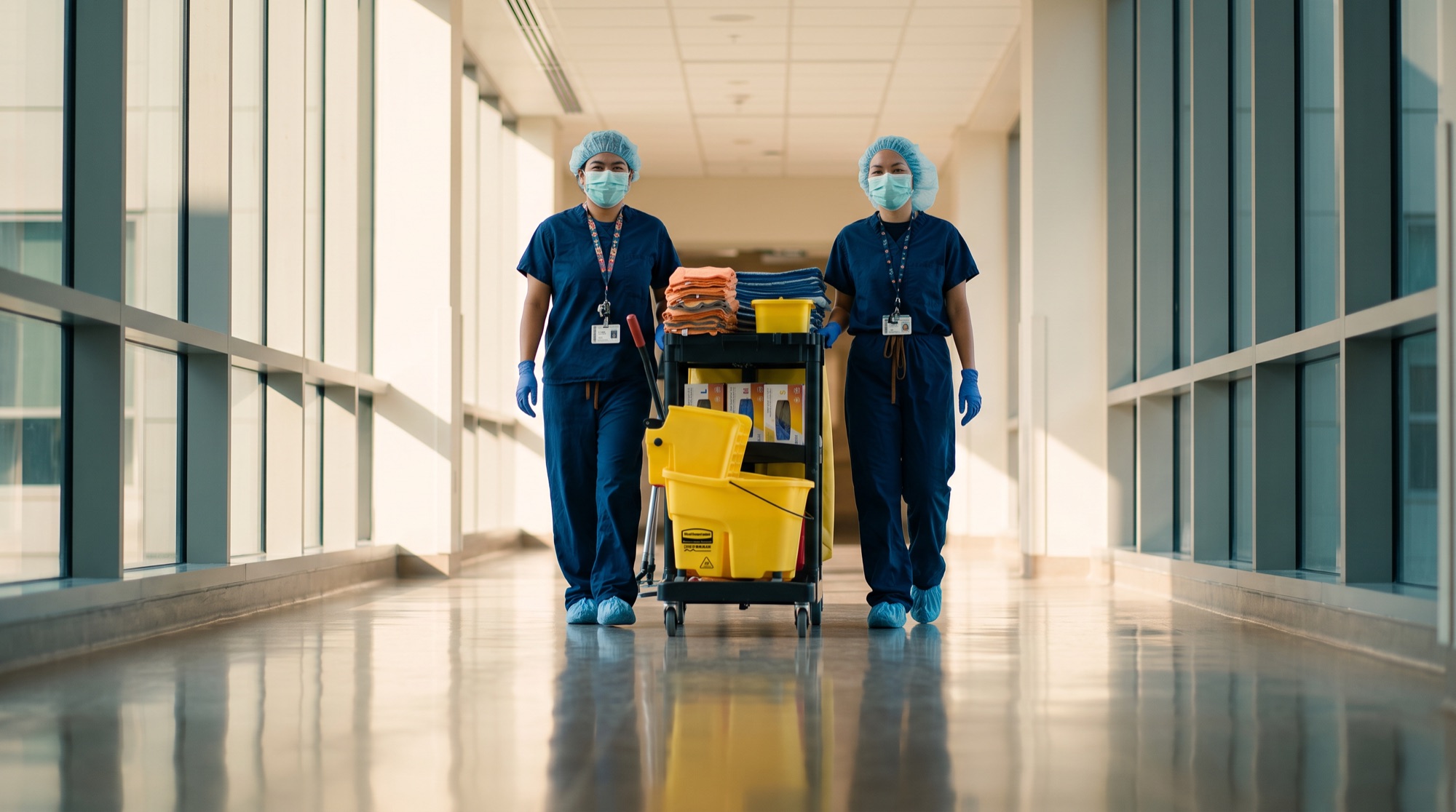 Vector technicians pushing their supply cart down a sunlit hospital corridor