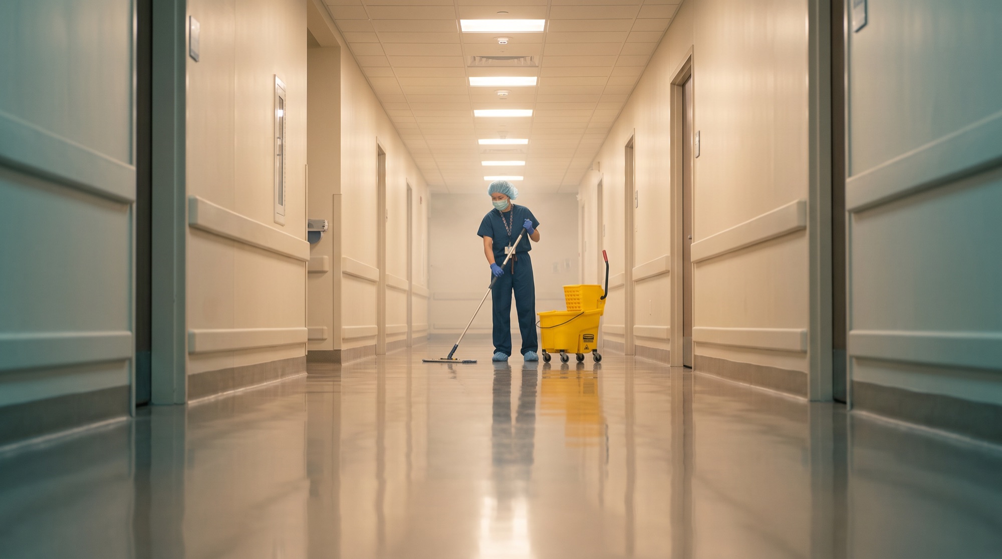 Immaculate hospital corridor with a Vector technician mopping in the distance