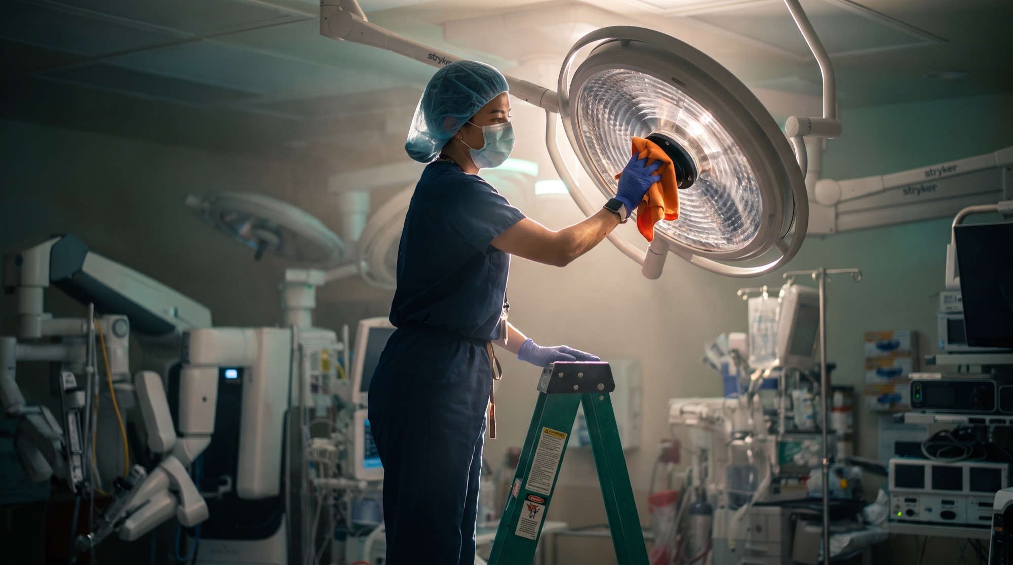 Vector technician on a ladder cleaning a surgical light