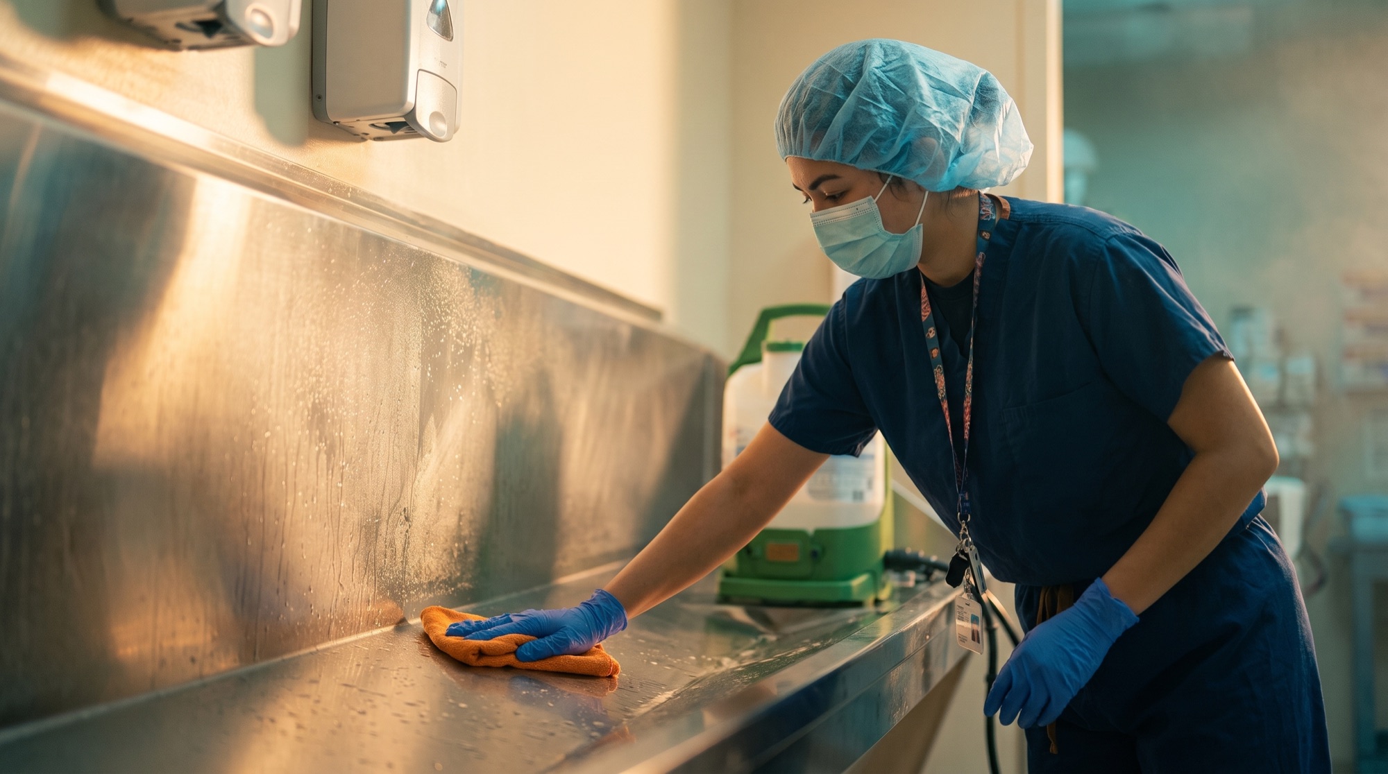 Vector technician wiping down a stainless steel scrub sink
