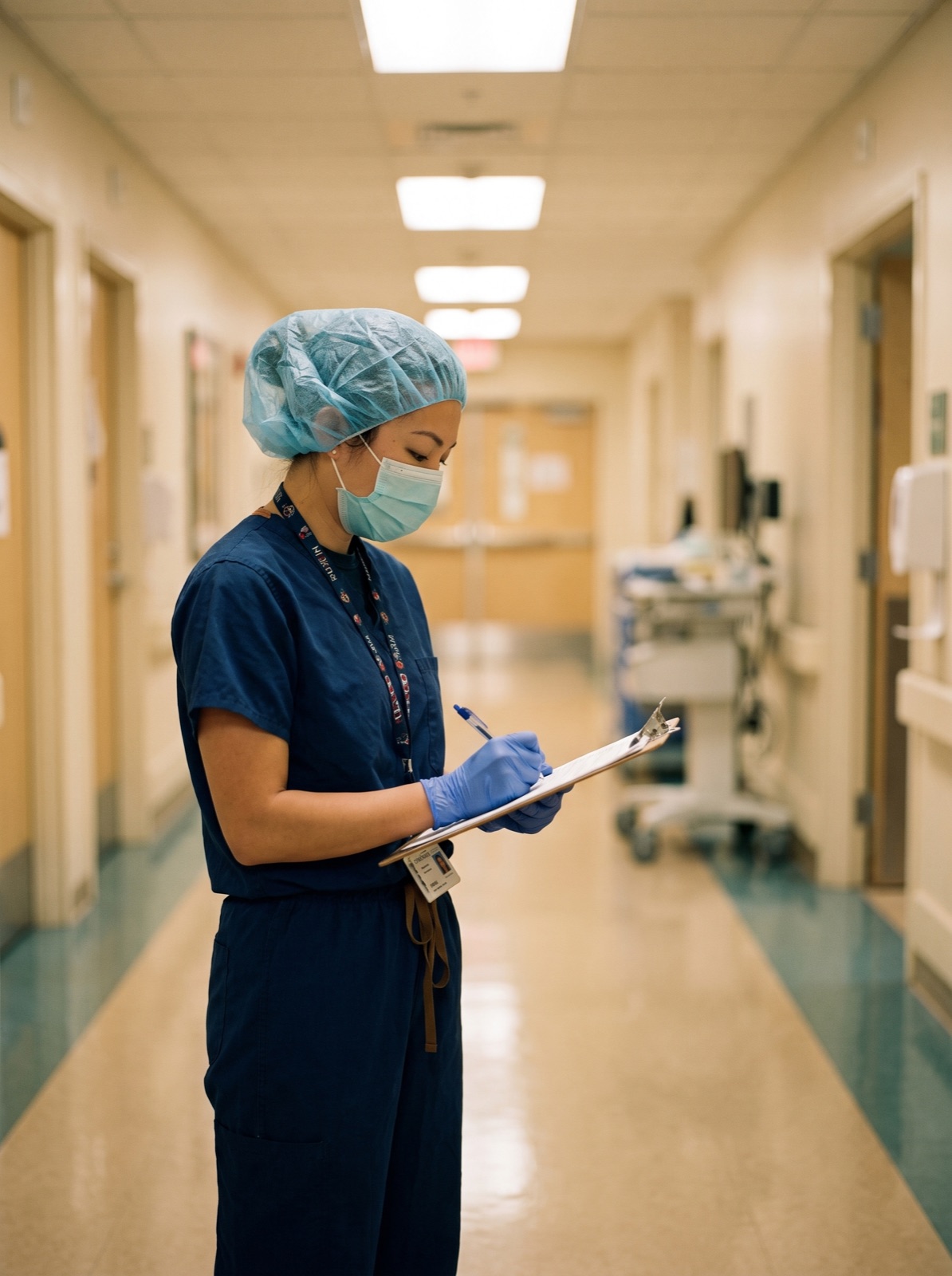 Vector technician writing a service report in the corridor