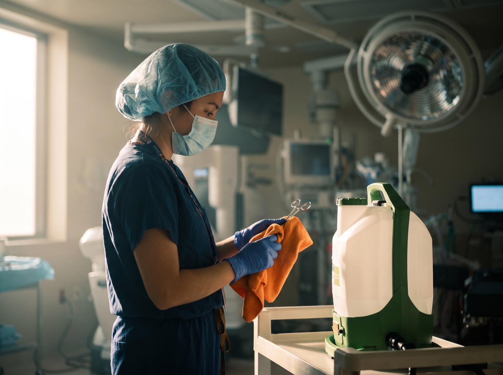 Vector technician meticulously wiping surgical equipment